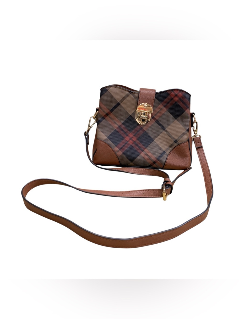 Louenhide Plaid Brown Crossbody Bag with Gold Lock